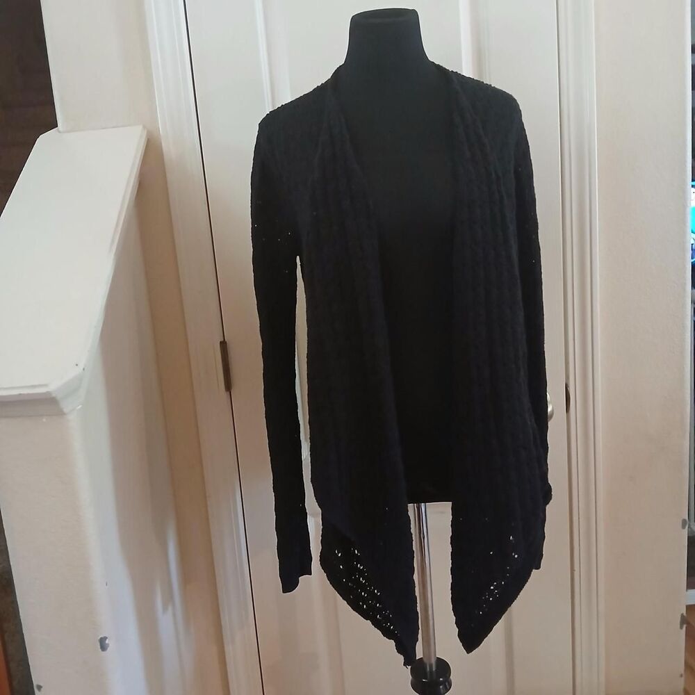 Johnny Was Black Textured Open Knit Crochet Cardigan Sweater XS Minimalist Basic